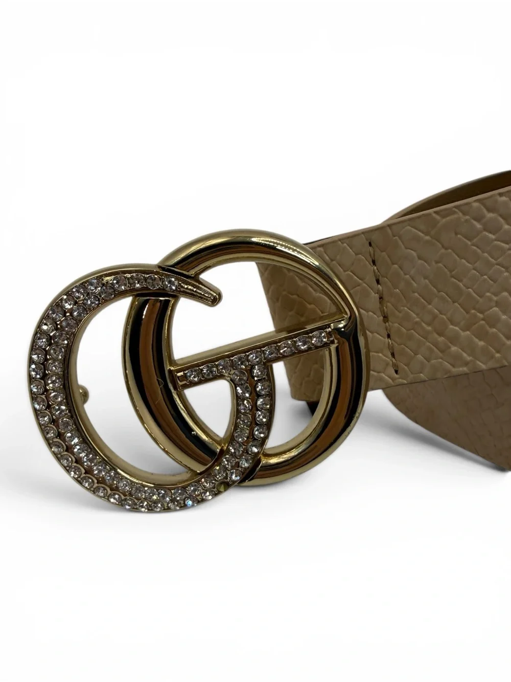Tan Women's Leather Belt with Gold Crystal Double-Ring Buckle